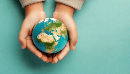 Close-up of Earth globe planet in the tender hands of a child on teal background with copy space. Cupped hands holding a world globe. Earth day concept. Generative Ai.