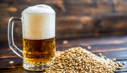 A Glass of Frothy Beer and Barley Grains. Brewing Beer, Beer making concept