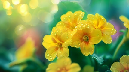 Beautiful primula, primrose flower dew on drops with isolated yellow flowers on top view, spring flower with blurred floral background 