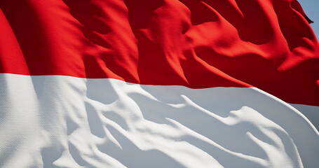 Close-up of the national flag of Indonesia flutters in the wind on a sunny day