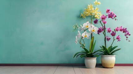 Beautiful tropical orchid flowers in pots on floor near color wall - obrazy, fototapety, plakaty