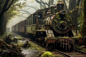 Fototapeta premium Ancient Railroad forest train. Rail nature. Generate Ai