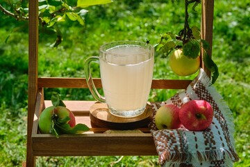 Fermented soft drink, white apple kvass in a large transparent mug on a wooden table under fruit trees in the garden. Fermented foods. - obrazy, fototapety, plakaty