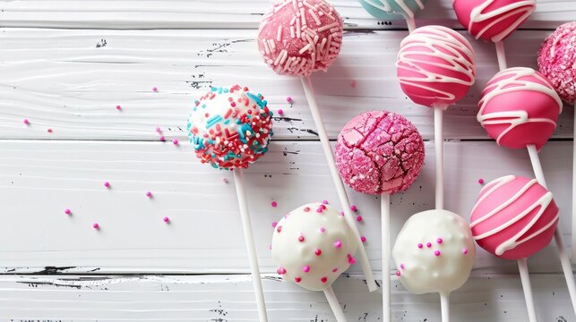 Making cake pops on white wooden background. Selective focus.Place for text.
