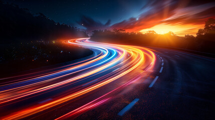 Highway at night with light trails - obrazy, fototapety, plakaty