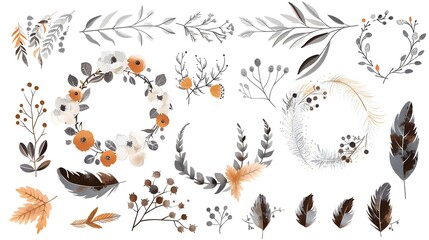 Big set with wreath, design elements, frames, calligraphic. Vector floral illustration with branches, berries, feathers and leaves. Nature frame on white background - obrazy, fototapety, plakaty
