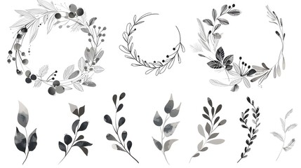 Big set with wreath, design elements, frames, calligraphic. Vector floral illustration with branches, berries, feathers and leaves. Nature frame on white background - obrazy, fototapety, plakaty