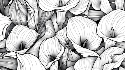 Black and white floral background with calla flowers and leaves. Vector background for coloring books, wallpapers, covers