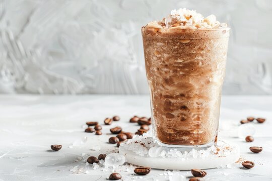 Coffee slush in tall glass with beans and crushed ice around it on white table with isolated background. Front view. Horizontal composition.