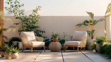 A patio with two white chairs and a table with a potted plant in the middle