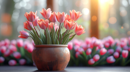 美しい春の花が咲く植木鉢
