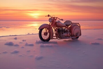 A motorcycle stands on the ice of a frozen lake against the backdrop of sunset