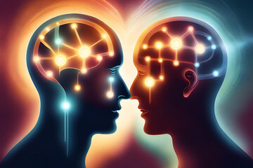 Teamwork and ideas represented by two human heads facing each other looking for a creative idea to complete the conceptual puzzle of invention