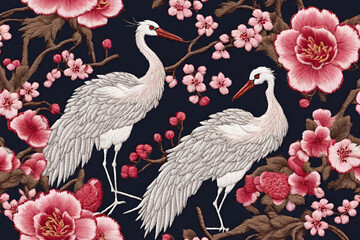 Naklejka premium Embroidery oriental seamless pattern with cranes and cherry blossom.