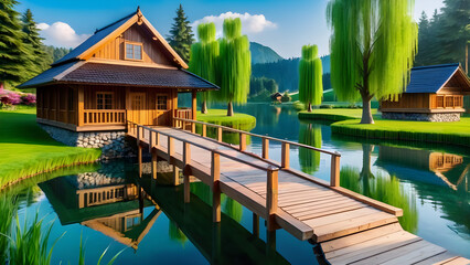 wooden bridge,wooden house, pond,tree,Generative AI