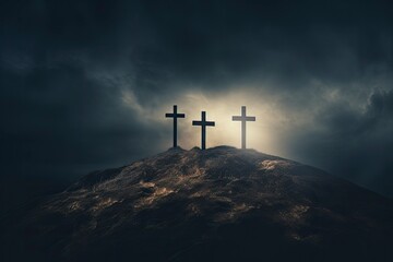 three cross on the hill in dark cloudy with light from above. can be use for Easter or Christian background, copy space - generative ai - obrazy, fototapety, plakaty