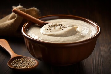 Tahini or tahina is an Arab condiment made from toasted ground hulled sesame. It is served by itself as a dip or as a major ingredient in hummus, baba ghanoush, and halva.