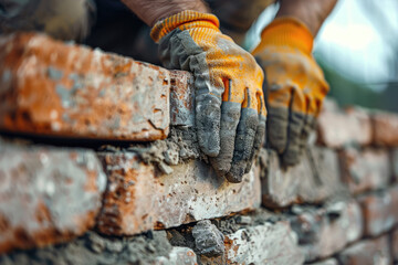 professional construction worker laying bricks - obrazy, fototapety, plakaty
