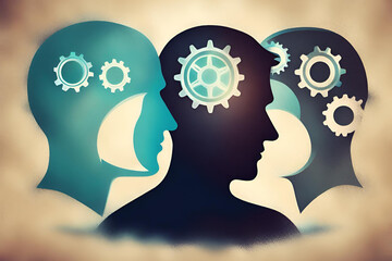 Business partnership and teamwork symbol represented by two human heads with gears connected together as a symbol of network referrals and relationships on an old grunge parchement background