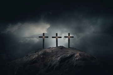three cross on the hill in dark cloudy with light from above. can be use for Easter or Christian background, copy space - generative ai - obrazy, fototapety, plakaty