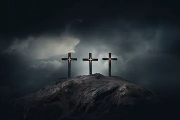 Foto op Plexiglas three cross on the hill in dark cloudy with light from above. can be use for Easter or Christian background, copy space - generative ai © Nia™
