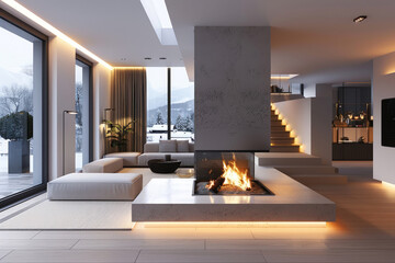 Modern fireplace in the interior of the house