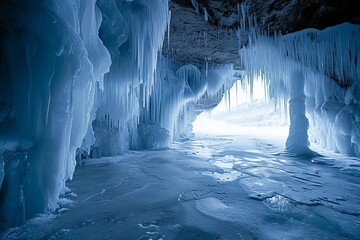 Beautiful long icicles of a frozen waterfall with water flowing and crashing down and Ice water dripping from the tips of icicles in a cold eery and moody atmosphere in a cave in the mountains - obrazy, fototapety, plakaty