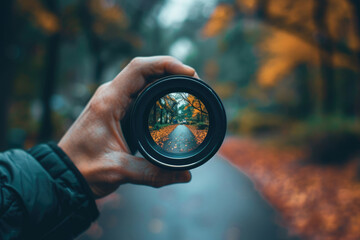 View of a city street through a photo lens, concept of photographer, photographic equipment