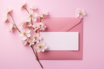 An empty card and pink envelope. Beautiful spring mockup.