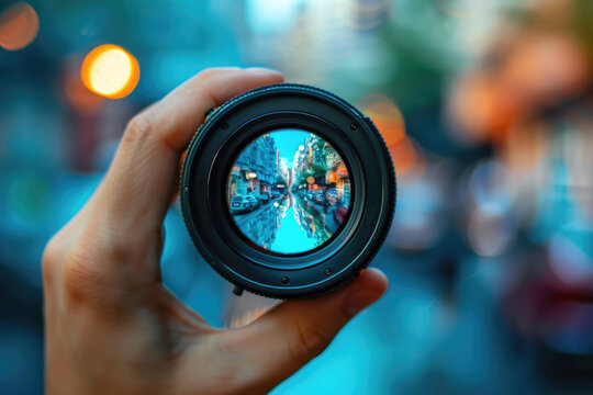 View of a city street through a photo lens, concept of photographer, photographic equipment