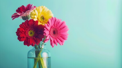 Bouquet of beautiful bright gerbera flowers in glass vase on table against color background. Space for text 