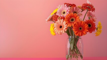 Bouquet of beautiful bright gerbera flowers in glass vase on table against color background. Space for text 