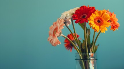 Bouquet of beautiful bright gerbera flowers in glass vase on table against color background. Space for text  - obrazy, fototapety, plakaty