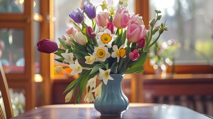 Bouquet of fresh colorful garden flowers like tulips and narcissus located in ceramic vase on table at home in spring day