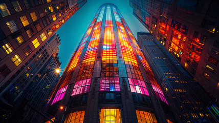 A tall building with a colorful facade is lit up at night
