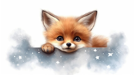 Obraz premium fox cub sleeps on a cloud watercolor on a white background illustration of the little.