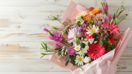 Bouquet of various flowers in pink paper packaging on a light wooden background