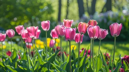 Foto auf Acrylglas Bright pink tulips are in the park in spring sunny day  © PSCL RDL