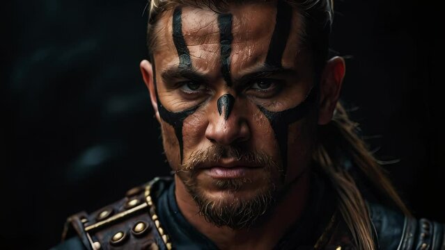 Valiant warrior clad in armor, sword at the ready amidst the shadows. His expression resolute and powerful, conveying a readiness to face adversity head-on. 