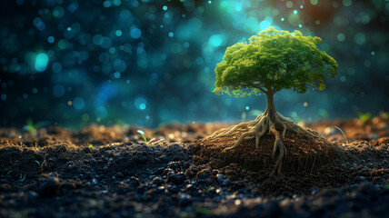 A tree with its roots sticking out of the ground - obrazy, fototapety, plakaty