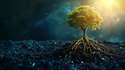 A tree with its roots sticking out of the ground in a dark, rocky area - obrazy, fototapety, plakaty