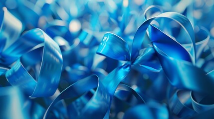 A collection of blue ribbons arranged neatly on a table, symbolizing ALS awareness, hope, and support
