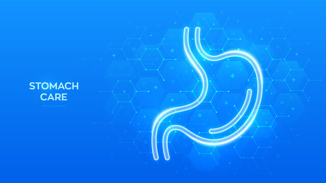 Stomach care. Treatment of stomach and digestive system diseases. Stomach icon. Gastroenterology clinic medical banner. Molecular structure. Blue medical background with hexagons. Vector illustration.