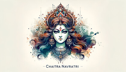 Watercolor illustration of a elegant goddess durga portrait for chaitra navratri.
