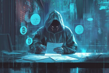 A hacker wearing an anonymous mask with a cryptocurrency digital financial background cartoon illustration symbolizing computer security of financial and crypto assets, bitcoin - obrazy, fototapety, plakaty