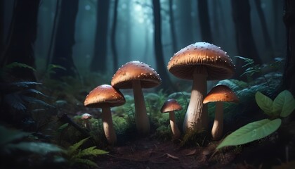 Magical mushrooms in a dark mystery forest