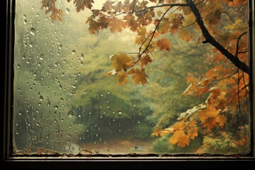 Melancholic Rainy window autumn. Rain season of drop fall glass. Generate Ai