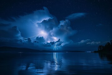 Intense lightning at night, above water. - obrazy, fototapety, plakaty