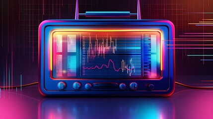 Obraz premium Vintage Tunes: Old-School Radio in a Neon-Lit Room