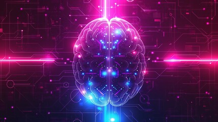 Fototapeta premium Digital holographic brain with microchip circuit board information datum blue and purple neon futuristic background symbolizing artificial intelligence AI processing technology 